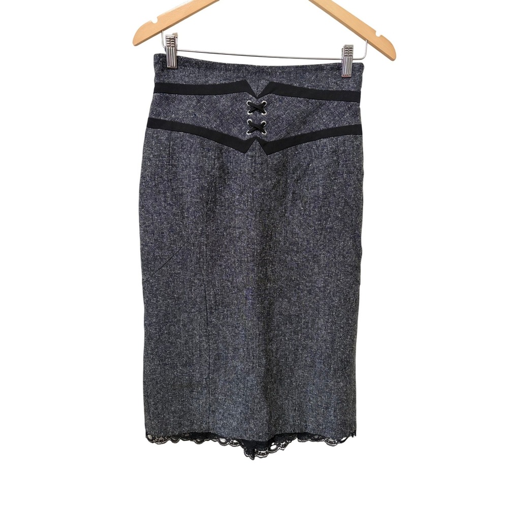 Worthington Gray Tweed Lace-Up Corset Waist Pencil Skirt with Lace Hem Size 4